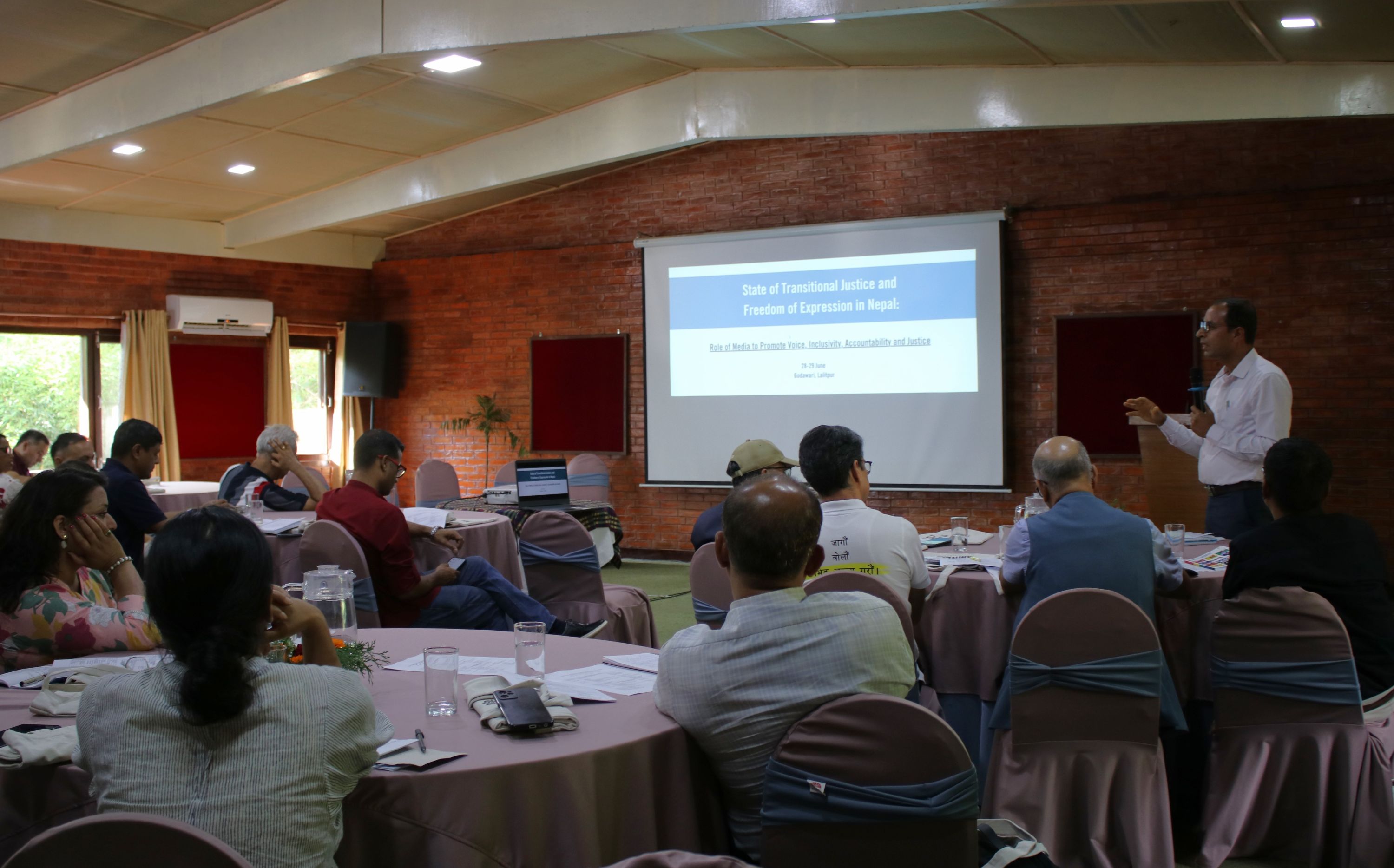 Senior advocate Raju Prasad Chapagai delivers a presentation on the current state of Nepal’s transitional justice process, highlighting persistent gaps, concerns, and risks.