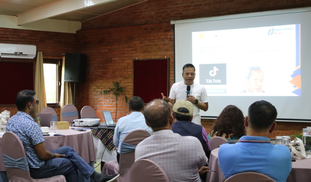 Santosh Sigdel, Director of Digital Rights Nepal, delivers an engaging presentation on “Digital Rights, Civic Space, and Freedom of Expression in Nepal,” addressing existing and proposed legislation including the Media Council Bill, Social Media Bill, and the Information Technology and Cybersecurity Bill.