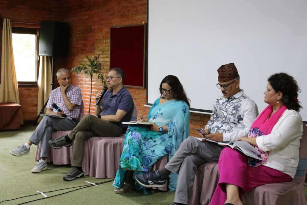 (Clockwise) Senior journalist Shiva Gaunle moderates a panel discussion on “The State of Freedom of Expression and Civic Space in Nepal: Challenges, Opportunities, and Risks,” with panelists Pratik Pradhan, Editor of Baahrakhari; Nirmala Sharma, President of the Federation of Nepali Journalists; Babita Basnet, senior journalist and Executive Director of the Media Advocacy Group; and Taranath Dahal, Chairperson and Chief Editor of Freedom Forum.