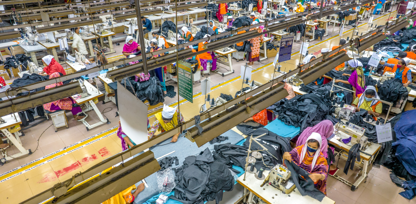Women manufacturing clothes at a garment factory in Bangladesh. Photo: Getty Images Illustration: Amnesty International