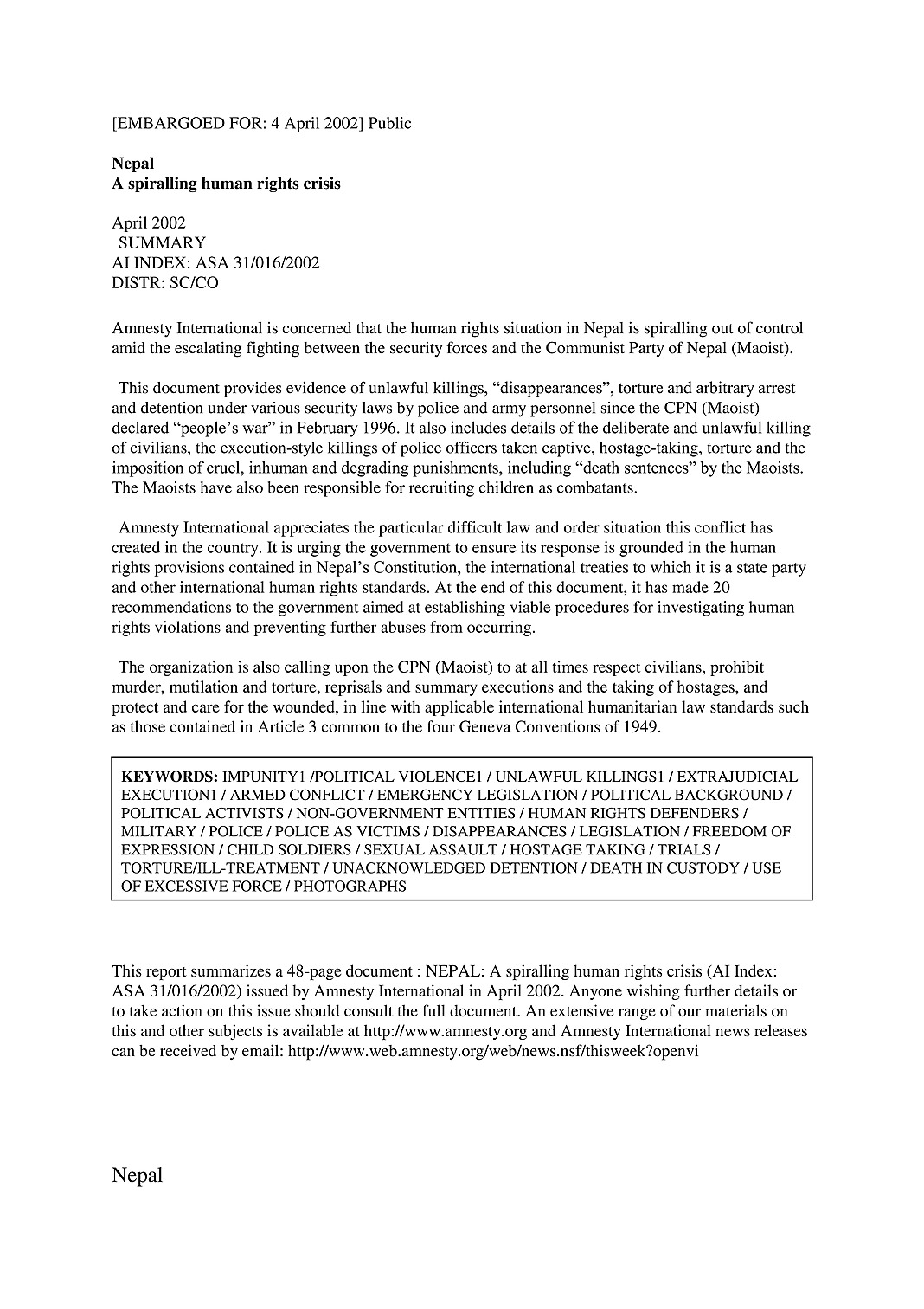 NEPAL: A SUMMARY OF HUMAN RIGHTS CONCERNS