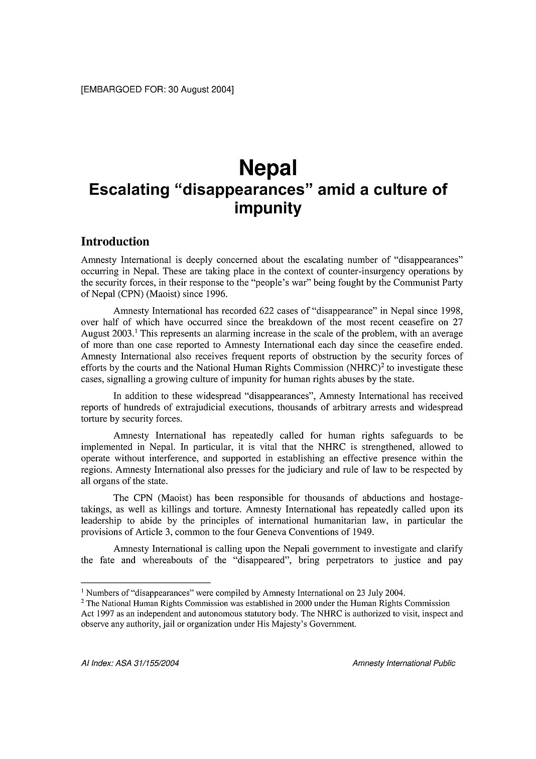 NEPAL: ESCALATING “DISAPPEARANCES” AMID A CULTURE OF IMPUNITY