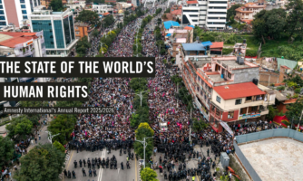 An aerial view shows demonstrators gathered outside Nepal's Parliament during a protest in Kathmandu on September 8, 2025. (Photo by PRABIN RANABHAT/AFP via Getty Images)
